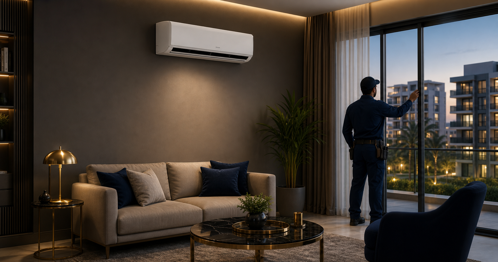 Technician servicing an indoor wall-mounted AC unit in Giza